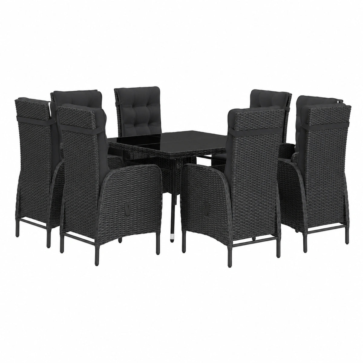 Salon de jardin, 9 pièces, en verre et résine tressée, coloris noir, pour la terrasse ou le jardin