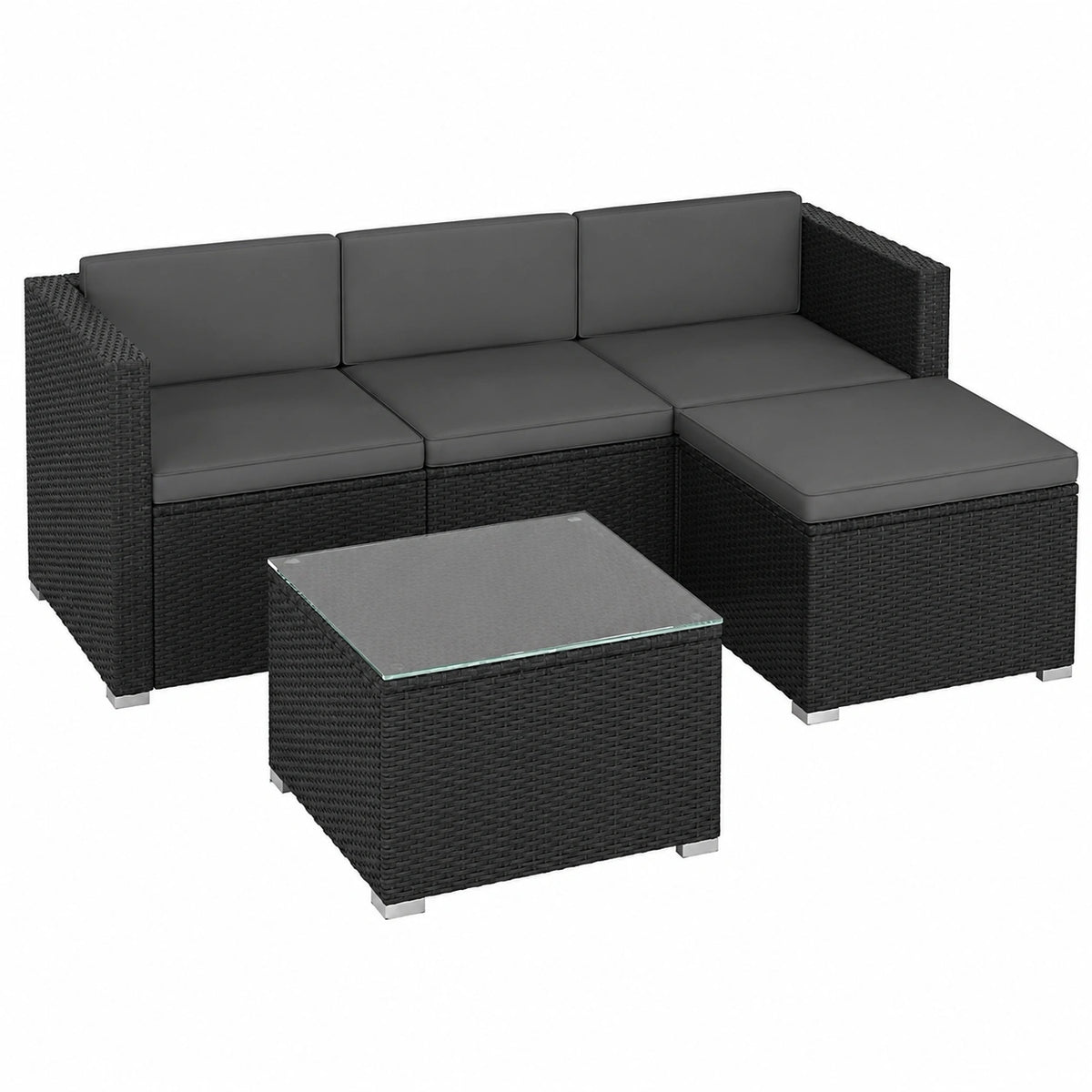 Salon de jardin, modulable, en résine tressée, 4 places, coloris noir et gris, pour la terrasse ou le jardin