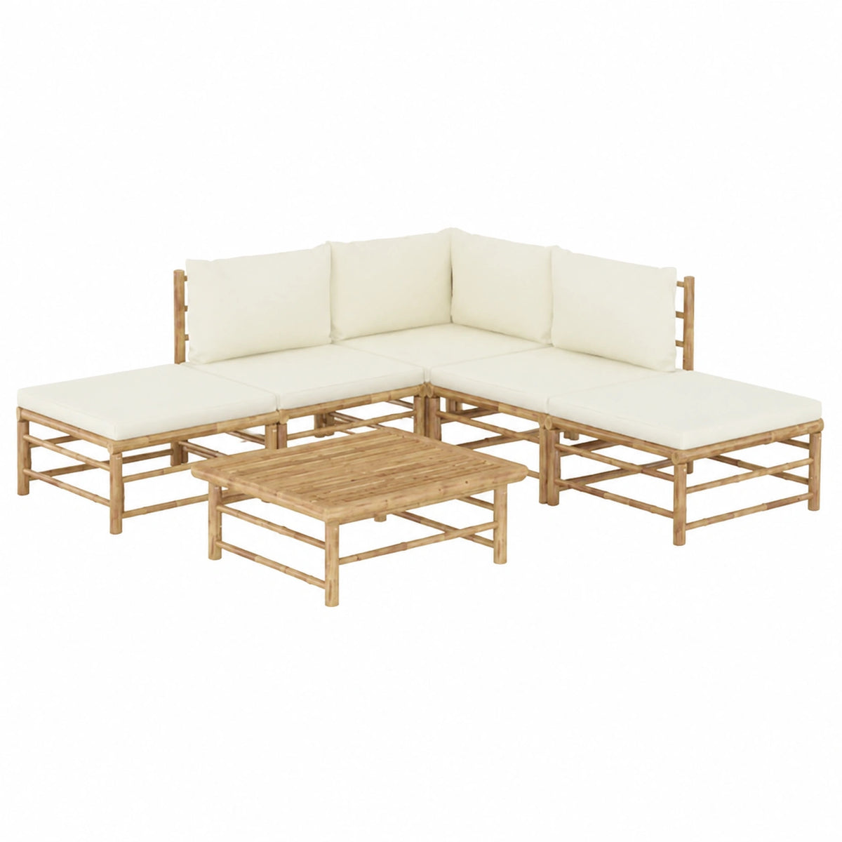 Salon de jardin, en bambou, 6 pièces, coloris blanc et crème, pour la terrasse ou le jardin