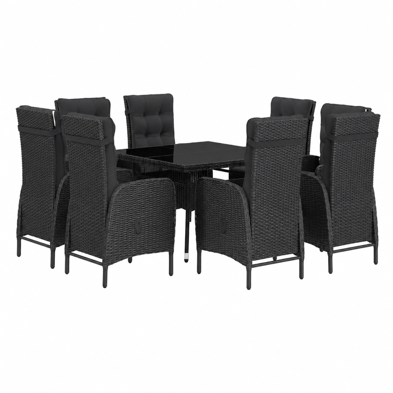 Salon de jardin, 9 pièces, en verre et résine tressée, coloris noir, pour la terrasse ou le jardin