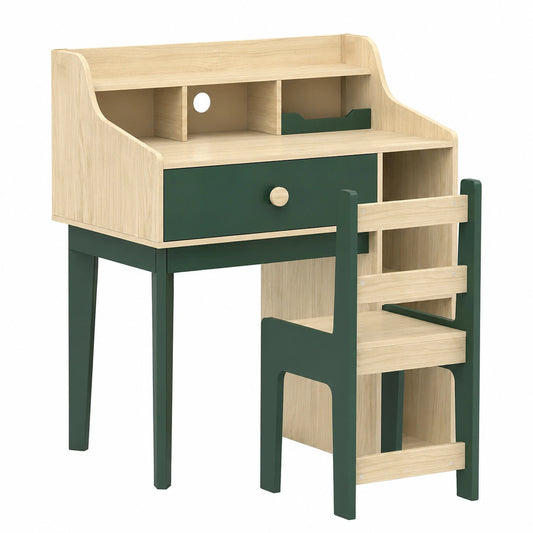 Bureau, avec étagères, coloris naturel et vert, pour l’espace de travail